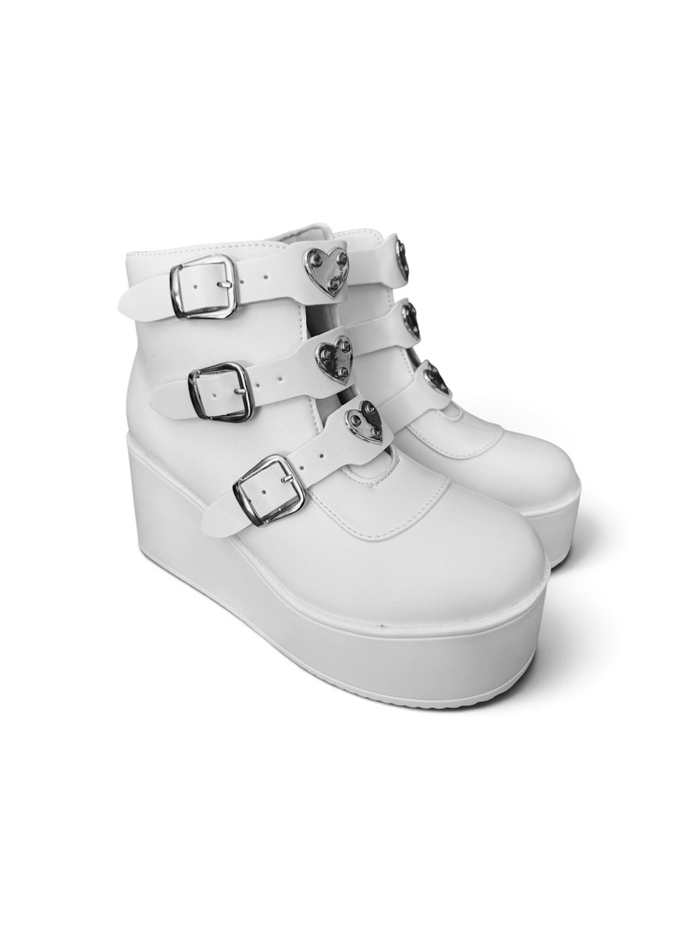Lucky Step White Heart Buckle Platform Ankle Boots Goth Y2K Size 7